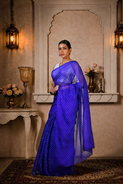 Pure Chinon Lehariya Saree, Mothra Design, Double Lehariya, Color-Royal Blue