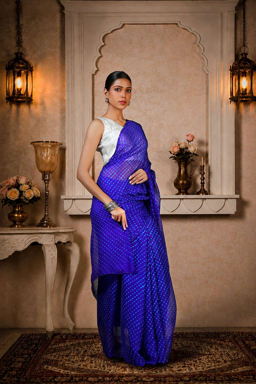 Pure Chinon Lehariya Saree, Mothra Design, Double Lehariya, Color-Royal Blue