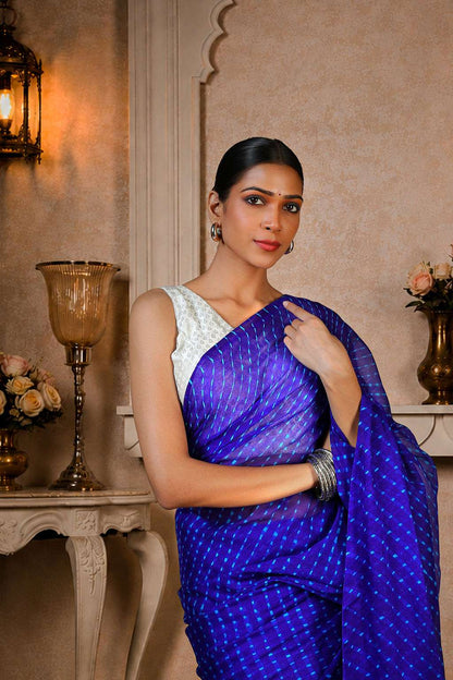 Pure Chinon Lehariya Saree, Mothra Design, Double Lehariya, Color-Royal Blue