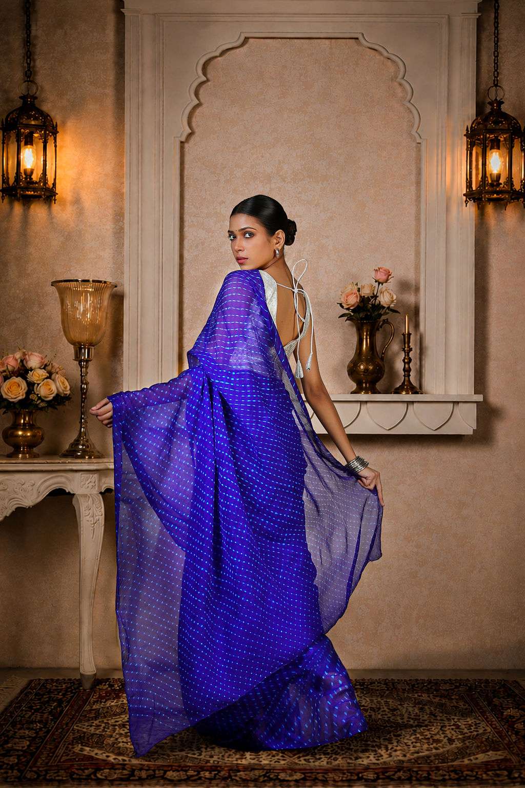 Pure Chinon Lehariya Saree, Mothra Design, Double Lehariya, Color-Royal Blue