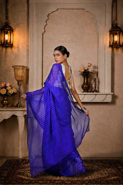 Pure Chinon Lehariya Saree, Mothra Design, Double Lehariya, Color-Royal Blue