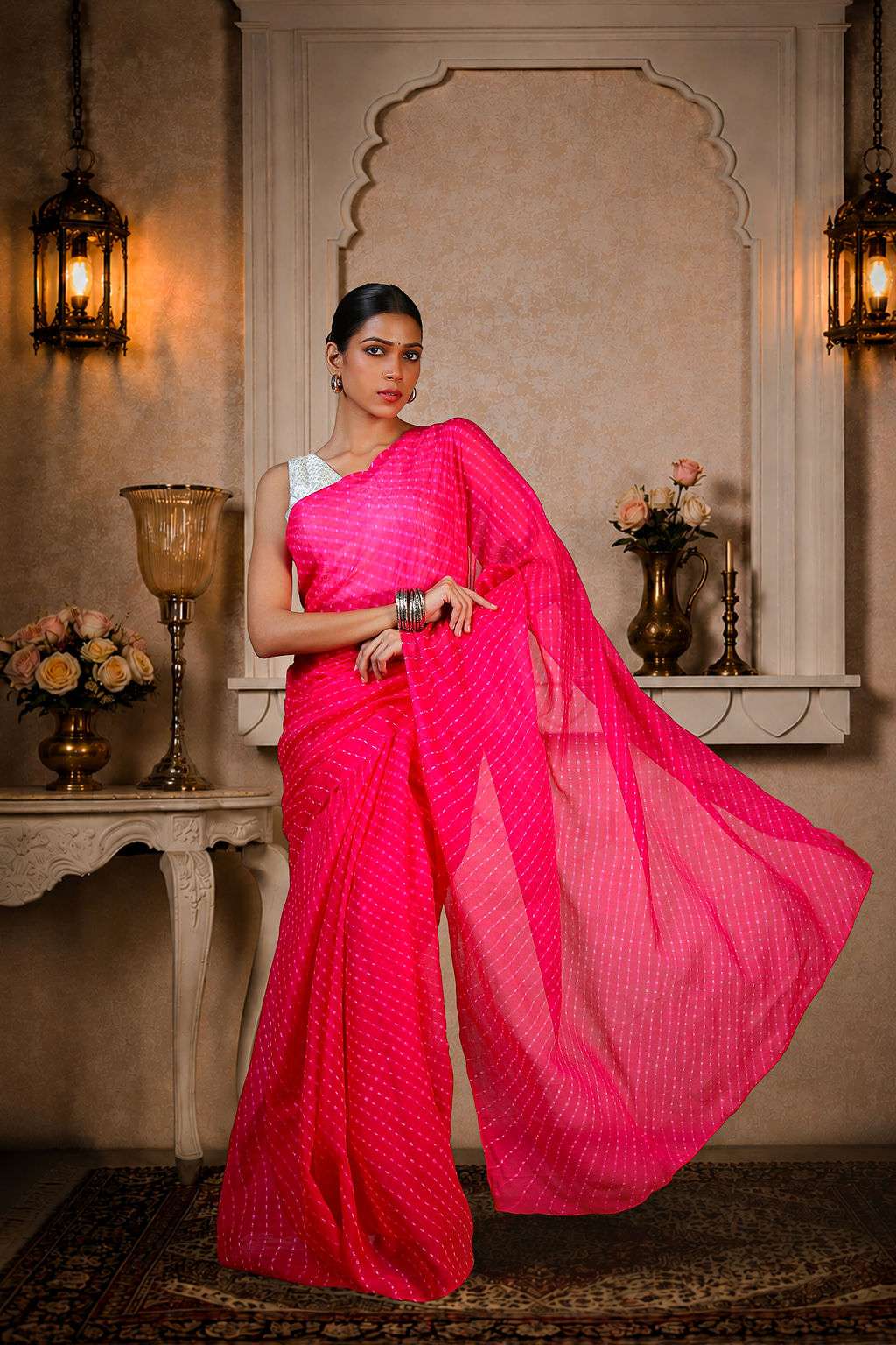 Pure Chinon Lehariya Saree, Mothra Design, Double Lehariya, Color-Magenta