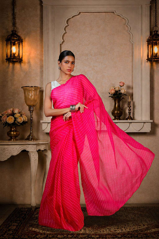 Pure Chinon Lehariya Saree, Mothra Design, Double Lehariya, Color-Magenta