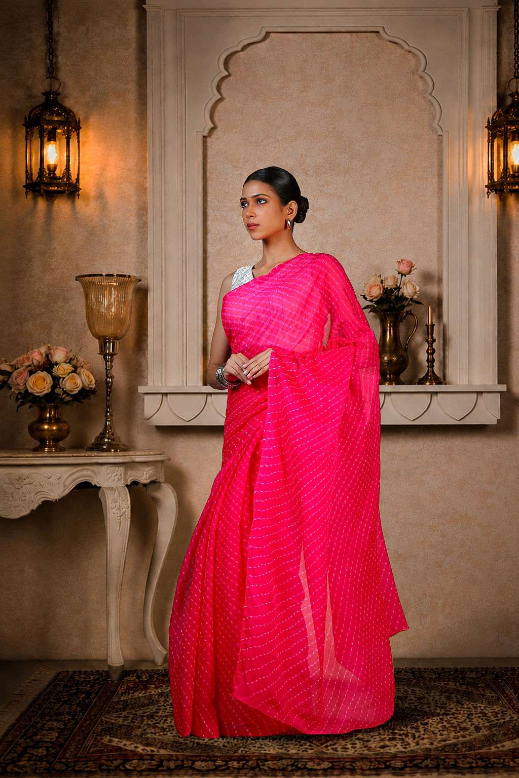 Pure Chinon Lehariya Saree, Mothra Design, Double Lehariya, Color-Magenta