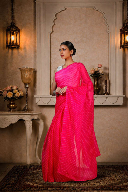Pure Chinon Lehariya Saree, Mothra Design, Double Lehariya, Color-Magenta