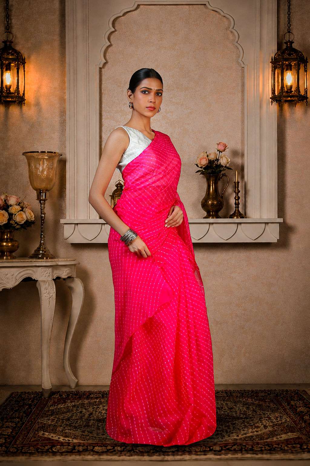 Pure Chinon Lehariya Saree, Mothra Design, Double Lehariya, Color-Magenta