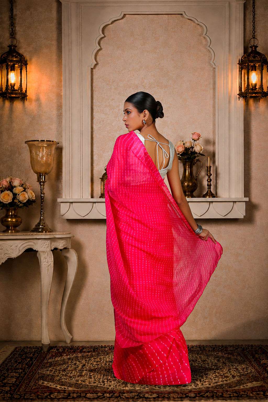 Pure Chinon Lehariya Saree, Mothra Design, Double Lehariya, Color-Magenta