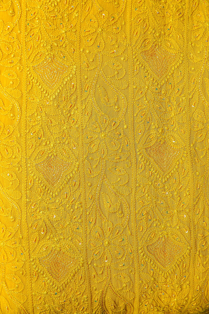 Chikankari Dress Material(Shirt+Bottom)with heavy beads and sequins work, Fine Georgette, Mustard Yellow