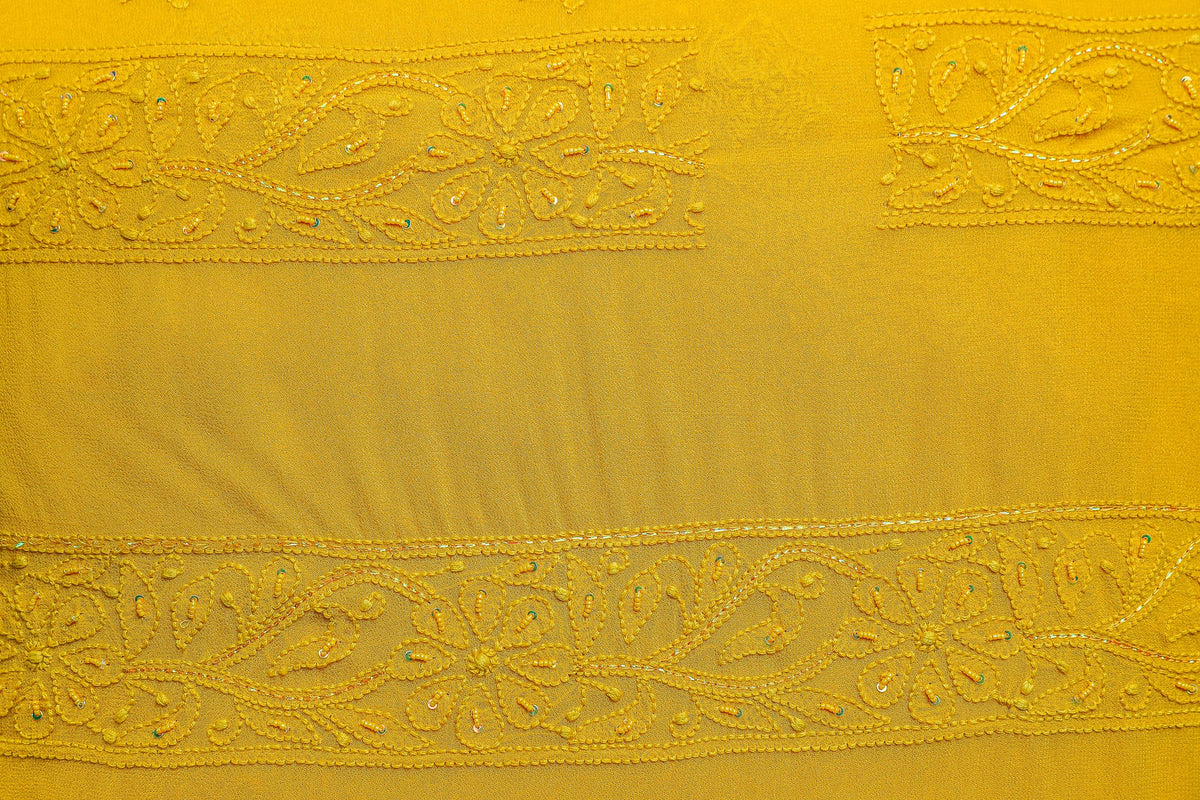 Chikankari Dress Material(Shirt+Bottom)with heavy beads and sequins work, Fine Georgette, Mustard Yellow