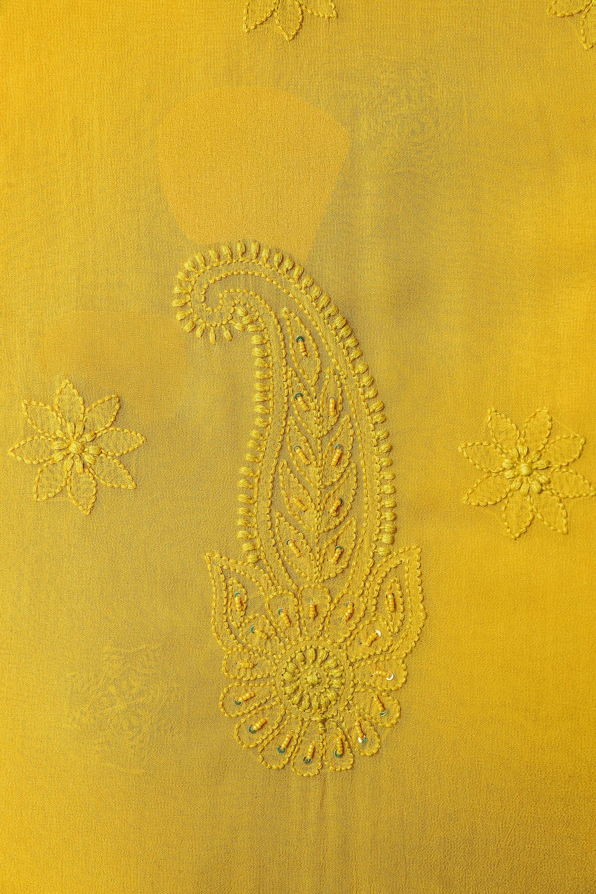 Chikankari Dress Material(Shirt+Bottom)with heavy beads and sequins work, Fine Georgette, Mustard Yellow