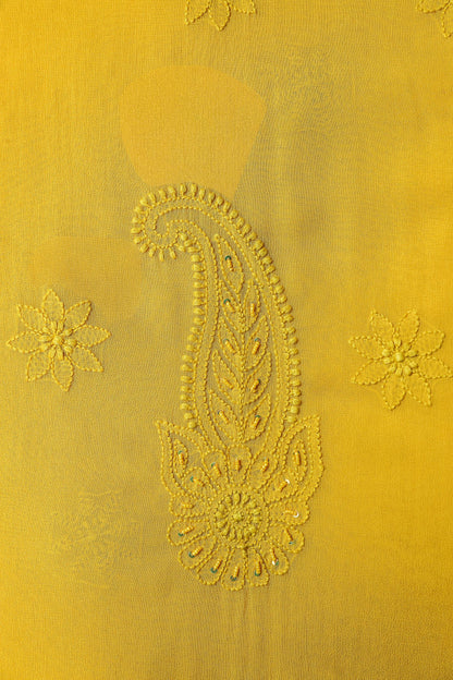 Chikankari Dress Material(Shirt+Bottom)with heavy beads and sequins work, Fine Georgette, Mustard Yellow