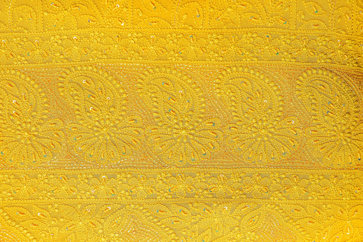 Chikankari Dress Material(Shirt+Bottom)with heavy beads and sequins work, Fine Georgette, Mustard Yellow