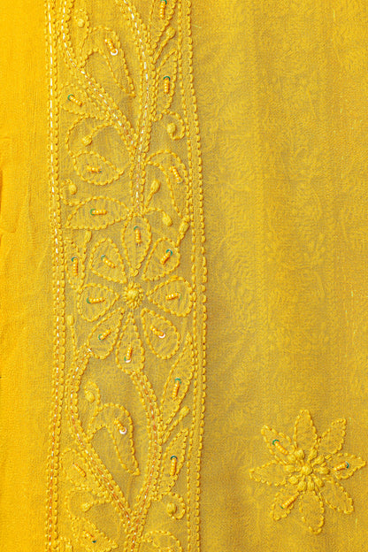 Chikankari Dress Material(Shirt+Bottom)with heavy beads and sequins work, Fine Georgette, Mustard Yellow