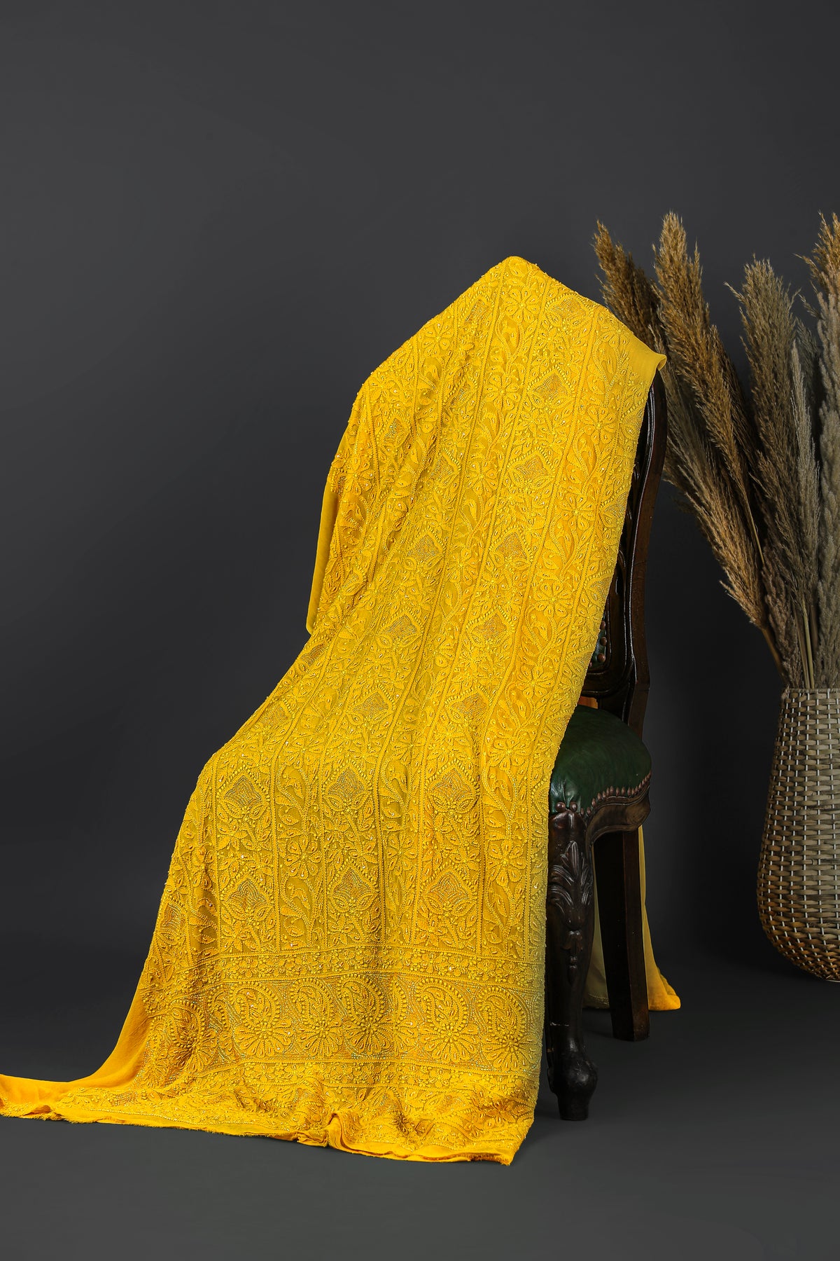 Chikankari Dress Material(Shirt+Bottom)with heavy beads and sequins work, Fine Georgette, Mustard Yellow
