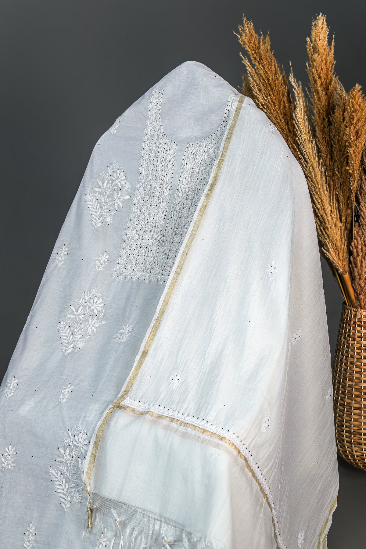 Chikankari Dress Material(Shirt+Dupatta) with Mukaish work,  Cotton/Silk, Color-Acru