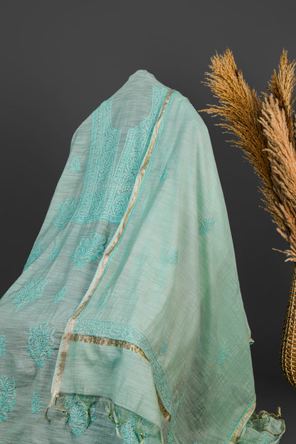 Chikankari Dress Material (Shirt+Dupatta), Cotton Viscose, Sea Green