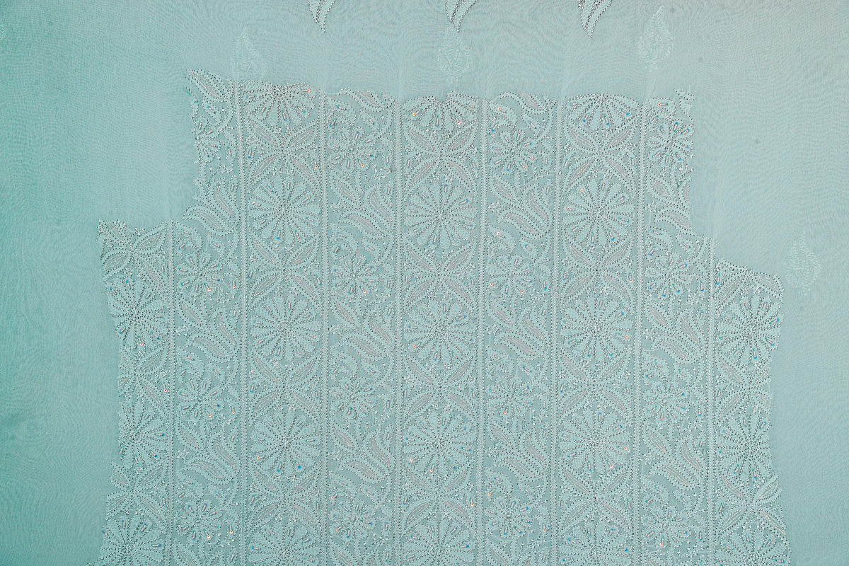 Chikankari Dress Material (Shirt+Bottom) with heavy beads and sequins work , Fine Georgette, Light Grey