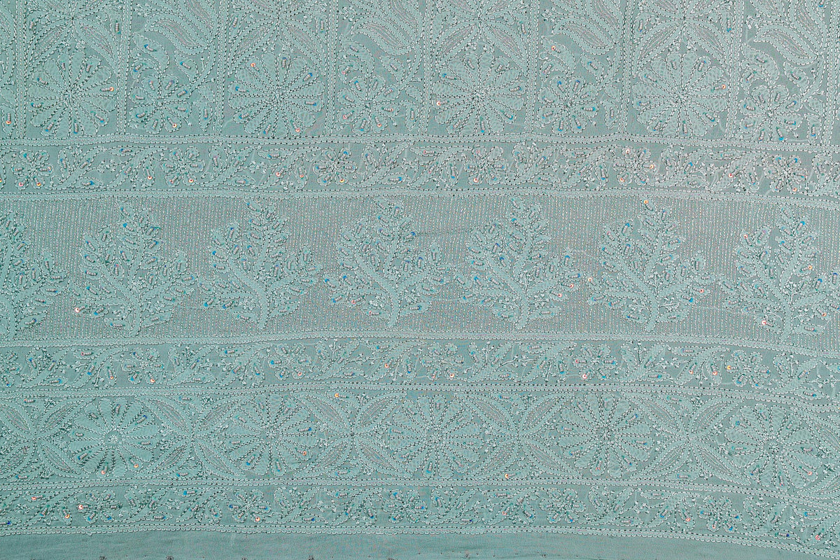 Chikankari Dress Material (Shirt+Bottom) with heavy beads and sequins work , Fine Georgette, Light Grey