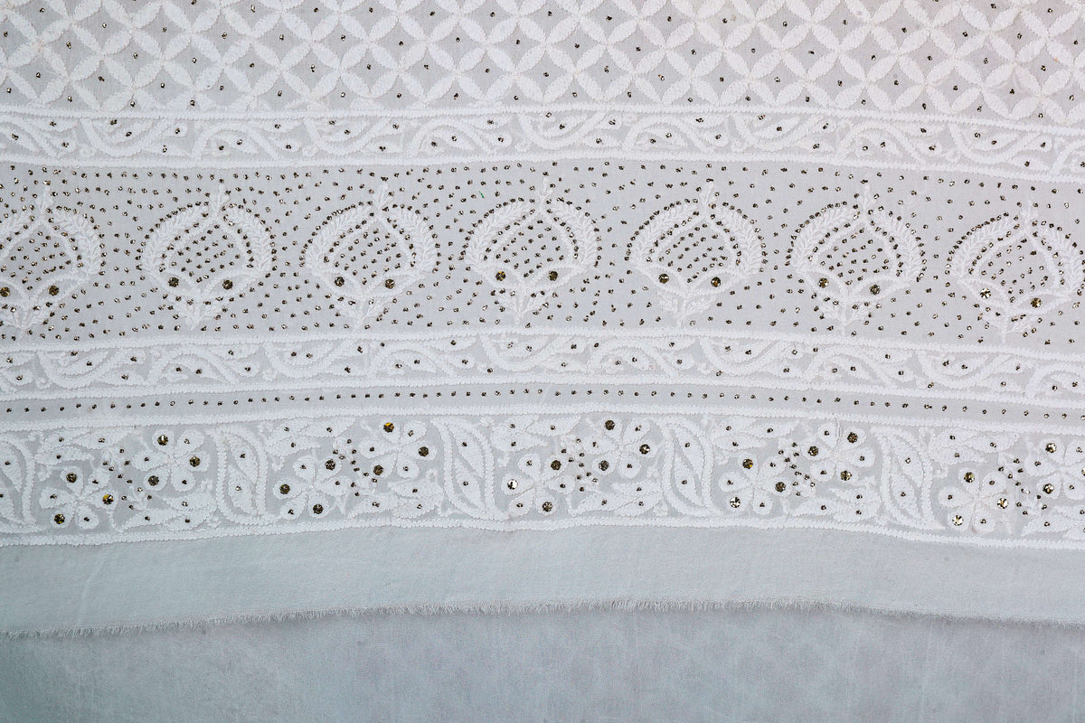 Chikankari Dress Material (Shirt+Bottom) with Mukaish work, Fine Georgette, Acru