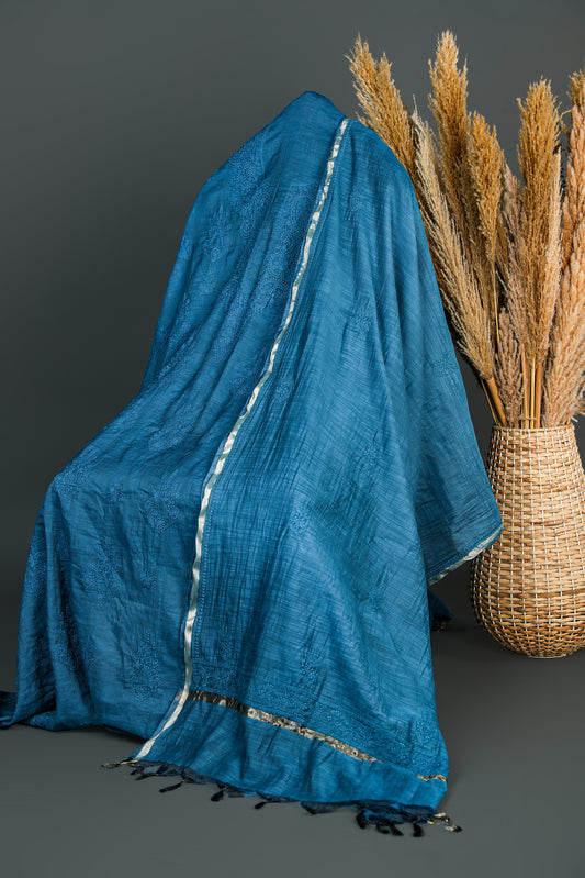 Chikankari Dress Material (Shirt+Dupatta), Cotton Viscose, Color-Peacock Blue