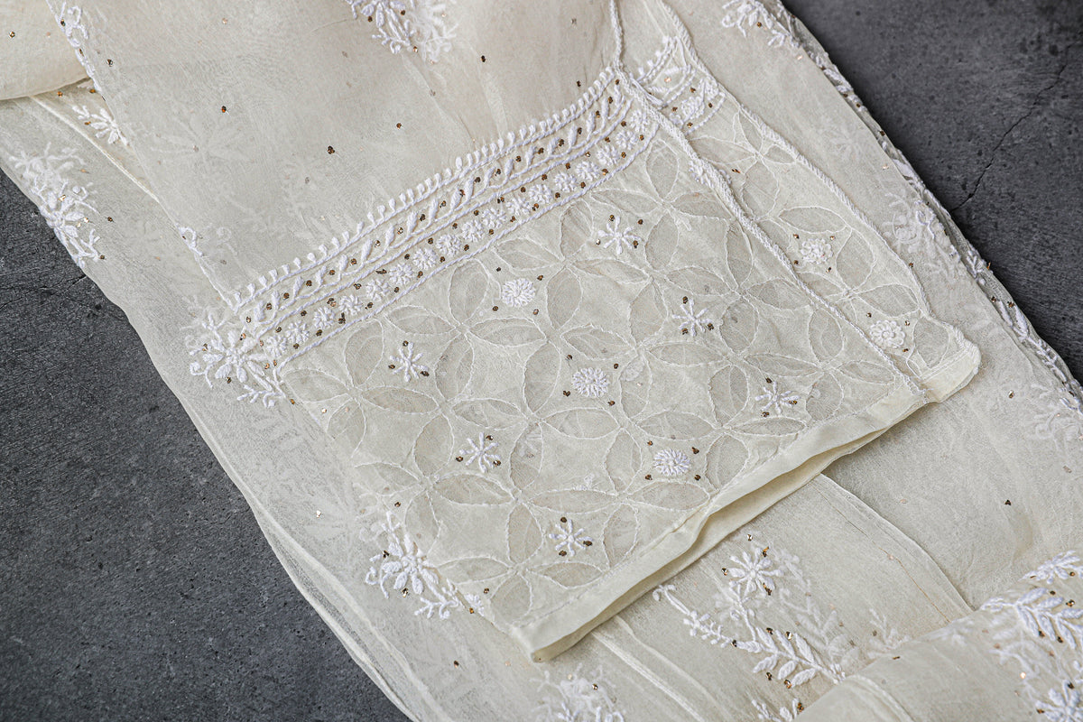 Anarkali style, 2 Piece Dress Material (Shirt+Dupatta) with heavy Mukaish work , Silk Georgette, Color-Acru