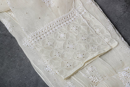Anarkali style, 2 Piece Dress Material (Shirt+Dupatta) with heavy Mukaish work , Silk Georgette, Color-Acru