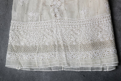 Anarkali style, 2 Piece Dress Material (Shirt+Dupatta) with heavy Mukaish work , Silk Georgette, Color-Acru