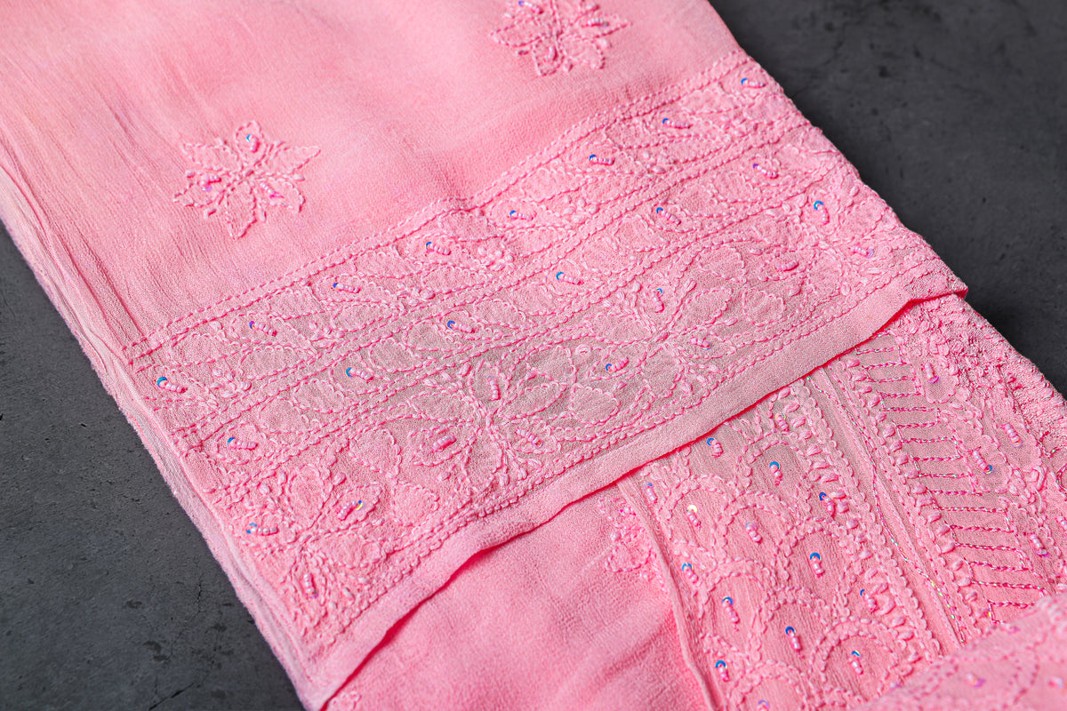 Anarkali style Chikankari Dress Material (Shirt+Bottom) with heavy beads and sequins work, Fine Georgette, Pink