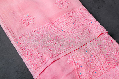 Anarkali style Chikankari Dress Material (Shirt+Bottom) with heavy beads and sequins work, Fine Georgette, Pink