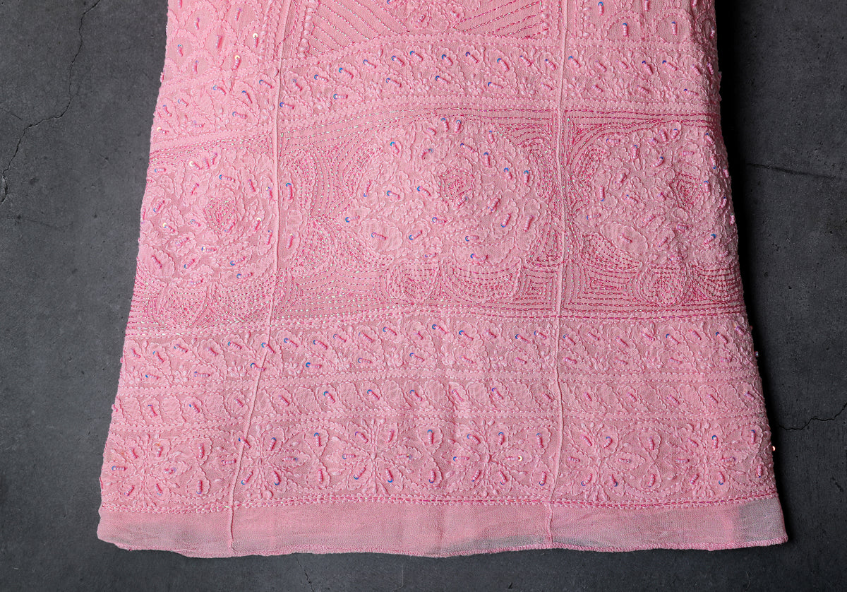 Anarkali style Chikankari Dress Material (Shirt+Bottom) with heavy beads and sequins work, Fine Georgette, Pink