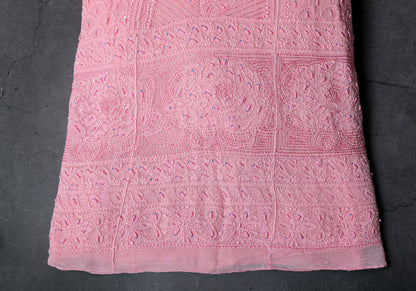 Anarkali style Chikankari Dress Material (Shirt+Bottom) with heavy beads and sequins work, Fine Georgette, Pink