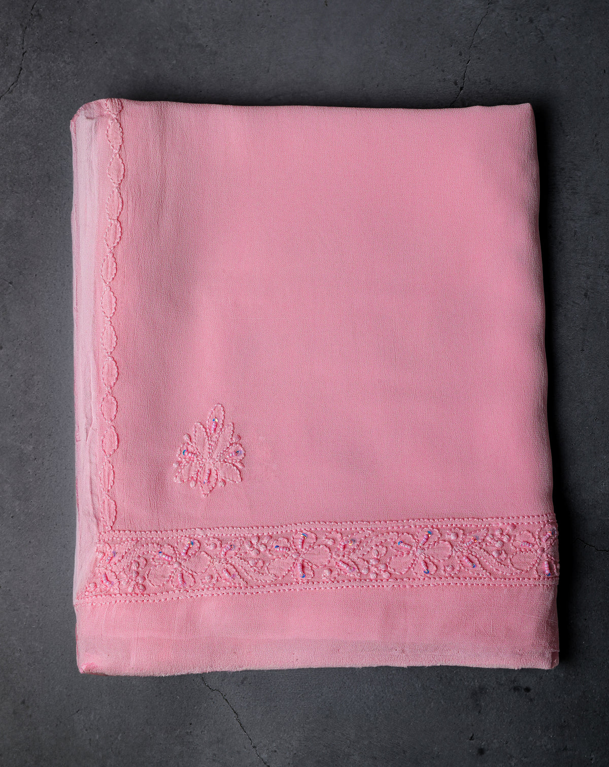 Anarkali style Chikankari Dress Material (Shirt+Bottom) with heavy beads and sequins work, Fine Georgette, Pink