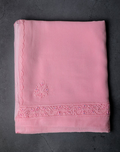 Anarkali style Chikankari Dress Material (Shirt+Bottom) with heavy beads and sequins work, Fine Georgette, Pink