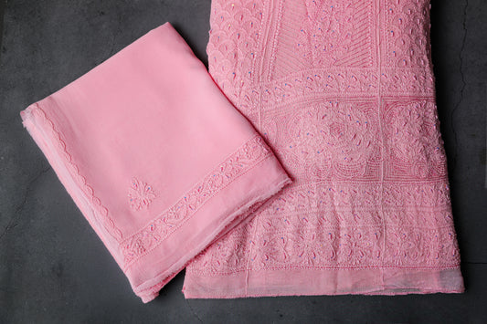 Anarkali style Chikankari Dress Material (Shirt+Bottom) with heavy beads and sequins work, Fine Georgette, Pink