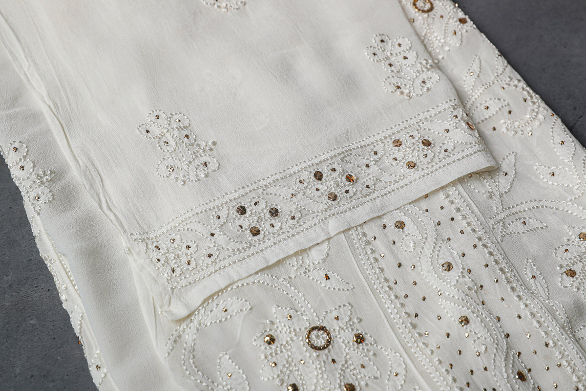 Anarkali style, 2 Piece Dress Material (Shirt+Dupatta) with heavy Mukaish work , Fine Silk Georgette,, Color-Acru