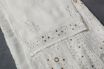 Anarkali style, 2 Piece Dress Material (Shirt+Dupatta) with heavy Mukaish work , Fine Silk Georgette,, Color-Acru