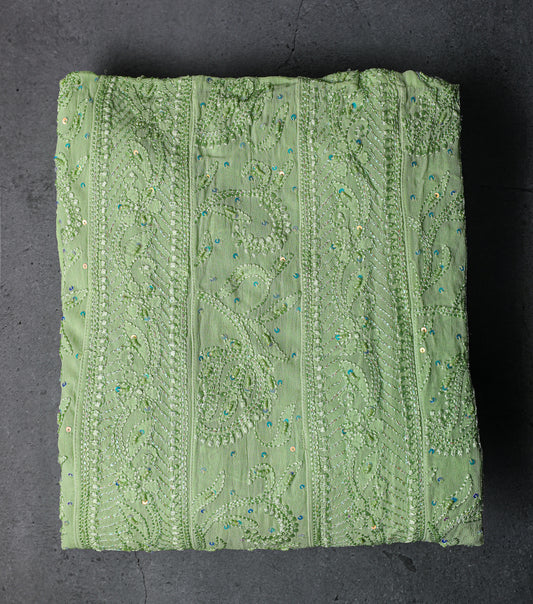Anarkali style Chikankari Dress Material(Shirt+Dupatta)with heavy beads and sequins work, Fine Georgette, Pista Green