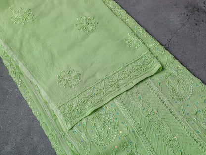 Anarkali style Chikankari Dress Material(Shirt+Dupatta)with heavy beads and sequins work, Fine Georgette, Pista Green