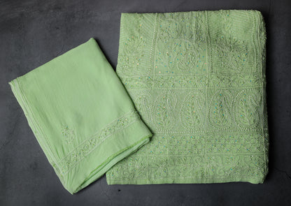 Anarkali style Chikankari Dress Material(Shirt+Dupatta)with heavy beads and sequins work, Fine Georgette, Pista Green