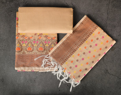 Banaras Brocade Dress Material, Rayon, Color-Beige all over work
