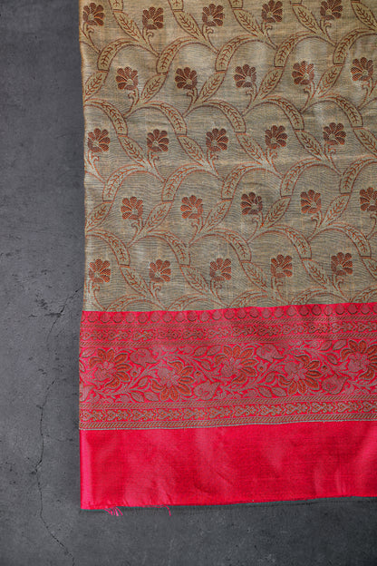 Banaras Brocade Dress Material, Rayon+Silk, Color-Pink w/Golden Beige