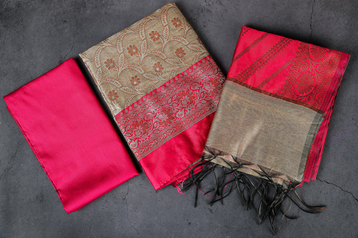 Banaras Brocade Dress Material, Rayon+Silk, Color-Pink w/Golden Beige