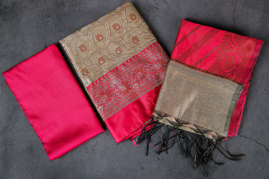 Banaras Brocade Dress Material, Rayon+Silk, Color-Pink w/Golden Beige