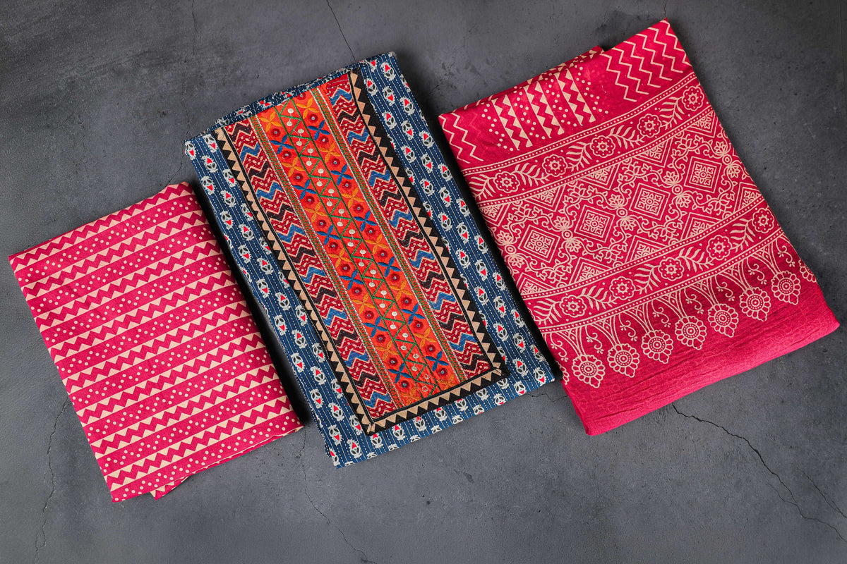 Ajrakh Dress Material, 100% Cotton, Color-Blue/Pink