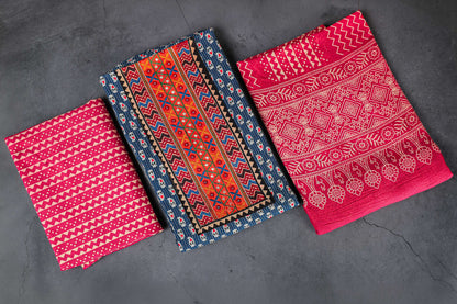 Ajrakh Dress Material, 100% Cotton, Color-Blue/Pink