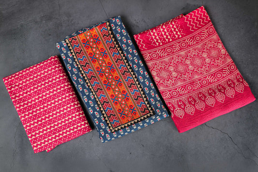 Ajrakh Dress Material, 100% Cotton, Color-Blue/Pink