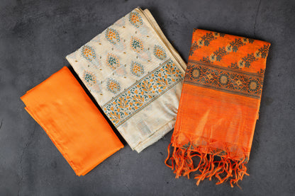Banaras Brocade Dress Material, Rayon+Silk, Color-Beige/Mustard Yellow