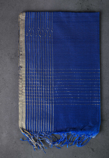 Cotton silk dupatta with big meenakari boota in golden zari, color-Dark blue