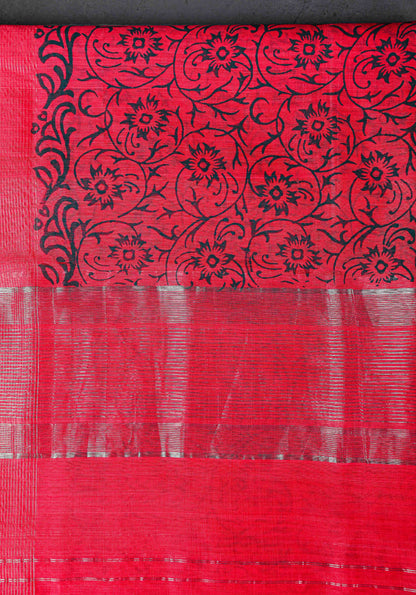 Cotton silk, block print dupatta with silver zari border, color-Dark Pink