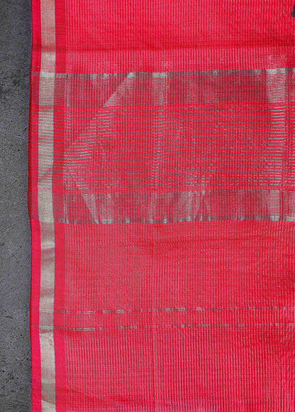 Cotton silk, block print dupatta with silver zari border, color-Dark Pink